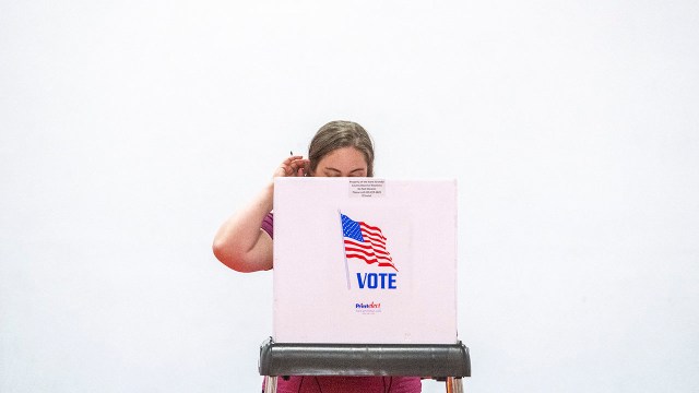 A woman casts her ballot in the Maryland state primary election at a polling station in Annapolis on May 14, 2024. (Jim Watson/AFP via Getty Images)