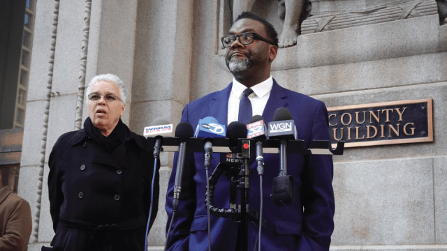 Then-mayoral candidate Brandon Johnson holds a press conference outside Chicago's City Hall in March 2023.